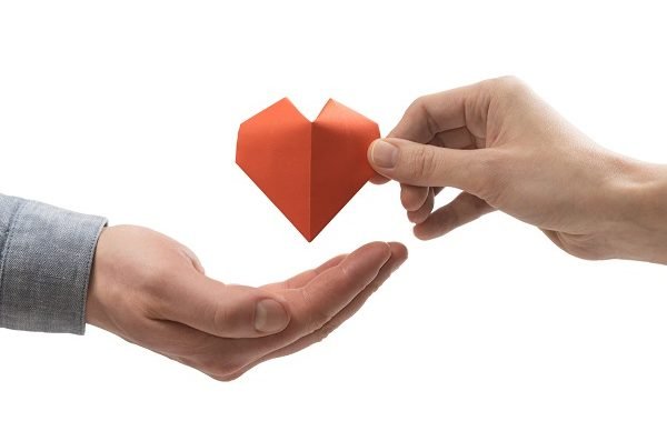 Red heart in woman and man hands. Image on isolated white background. Concept of love,  giving gifts, donorship.